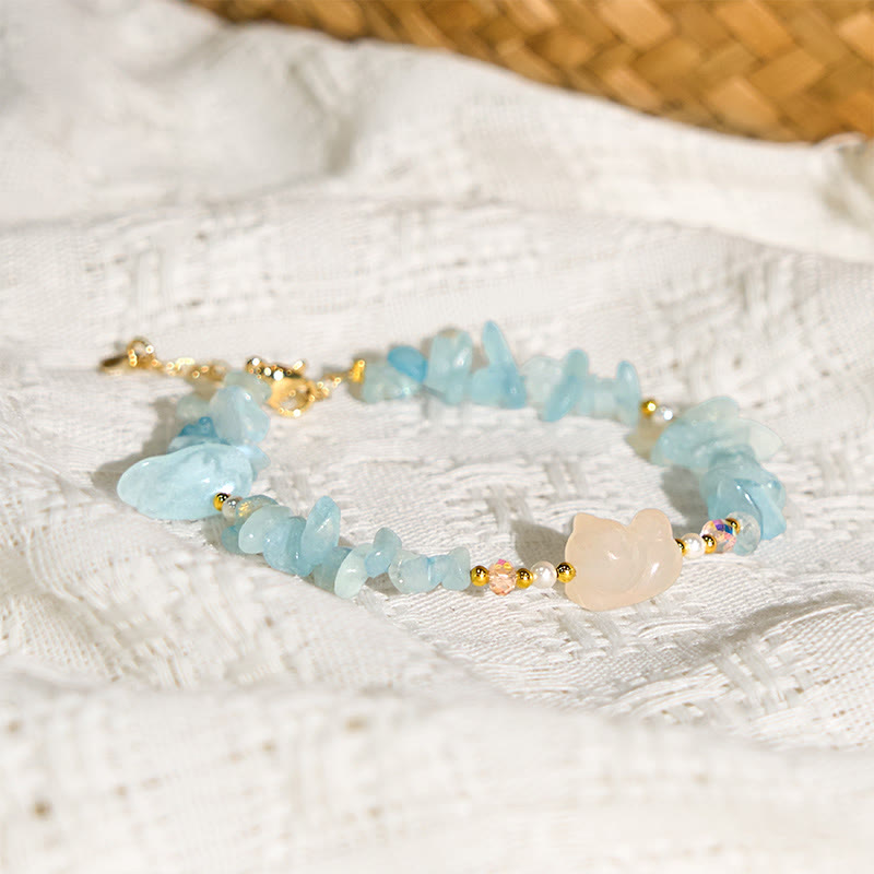 Handcrafted Irregular Aquamarine & Citrine Beaded Cat Charm Bracelet