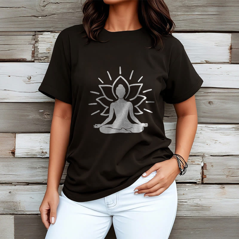 Casual Meditative Figure Lotus Pattern Tee T-shirt
