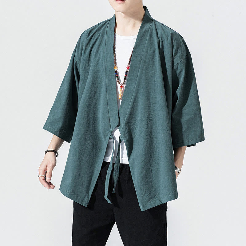 Tang Suit Open Front Jacket Cotton Linen Men's Three Quarter Sleeve Kimono