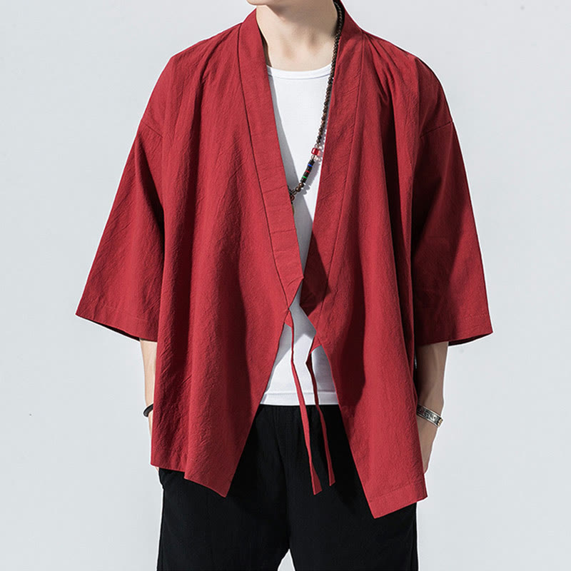 Tang Suit Open Front Jacket Cotton Linen Men's Three Quarter Sleeve Kimono