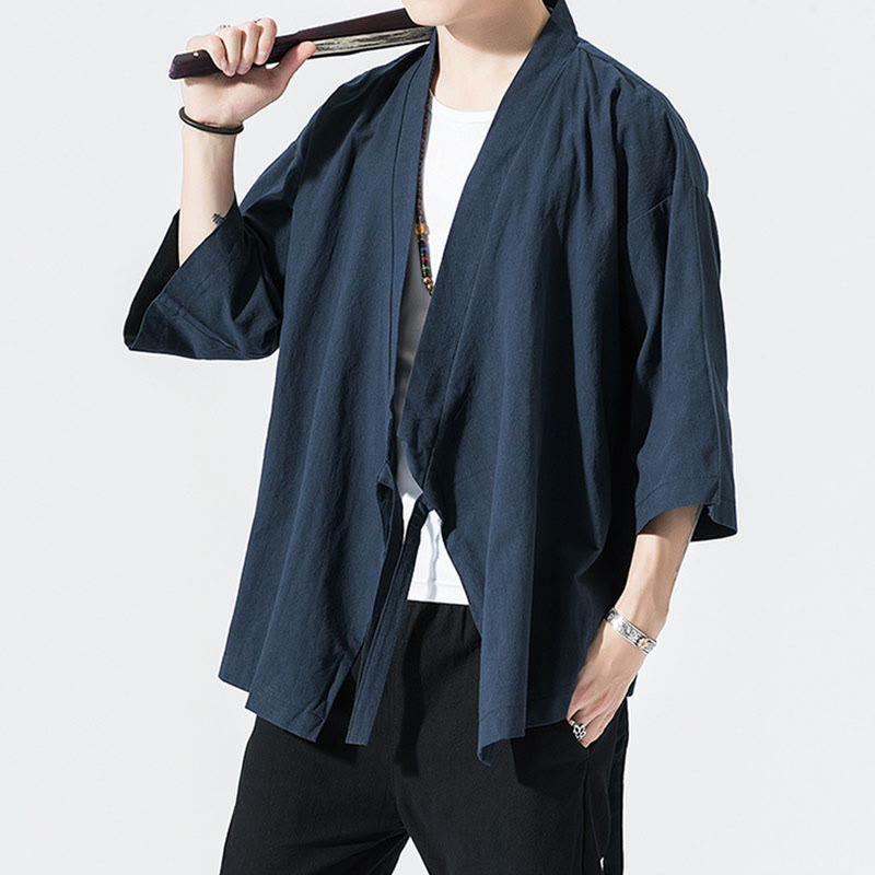 Tang Suit Open Front Jacket Cotton Linen Men's Three Quarter Sleeve Kimono