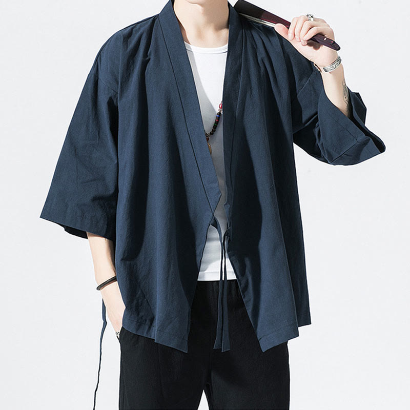 Tang Suit Open Front Jacket Cotton Linen Men's Three Quarter Sleeve Kimono