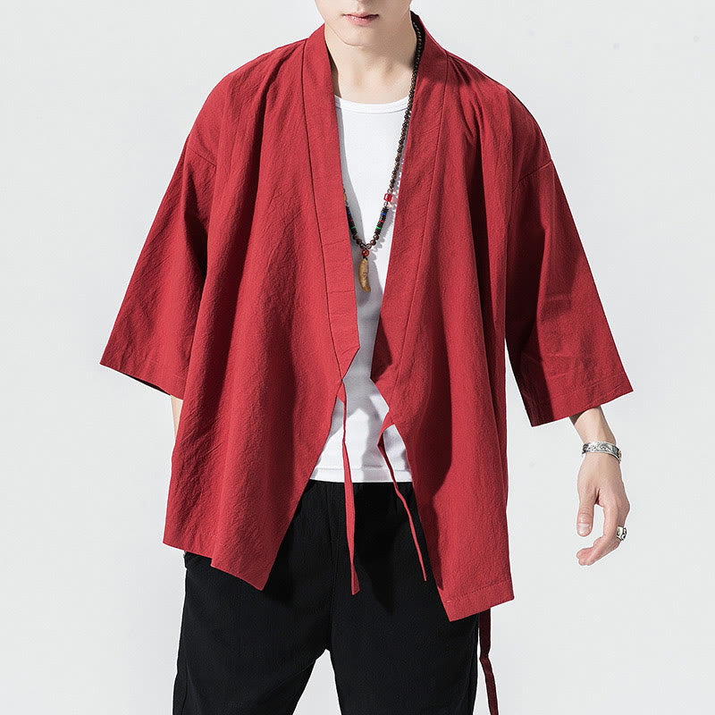Tang Suit Open Front Jacket Cotton Linen Men's Three Quarter Sleeve Kimono