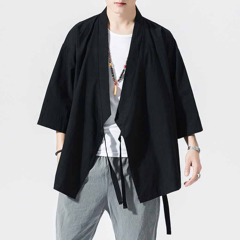 Tang Suit Open Front Jacket Cotton Linen Men's Three Quarter Sleeve Kimono