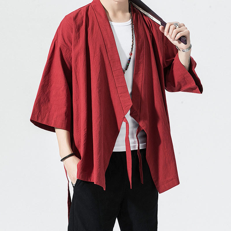 Tang Suit Open Front Jacket Cotton Linen Men's Three Quarter Sleeve Kimono