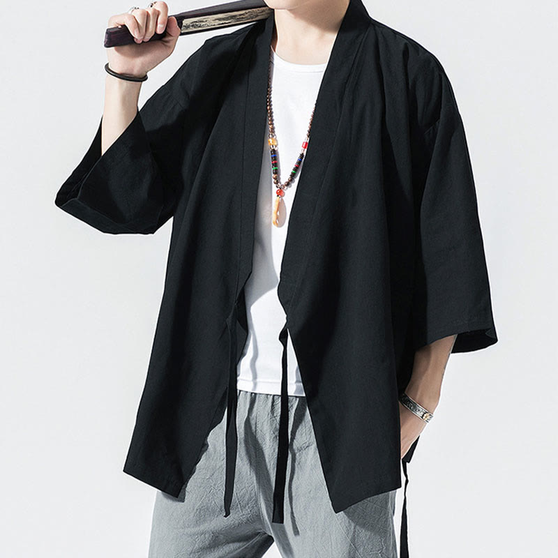 Tang Suit Open Front Jacket Cotton Linen Men's Three Quarter Sleeve Kimono