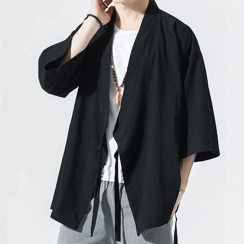 Tang Suit Open Front Jacket Cotton Linen Men's Three Quarter Sleeve Kimono