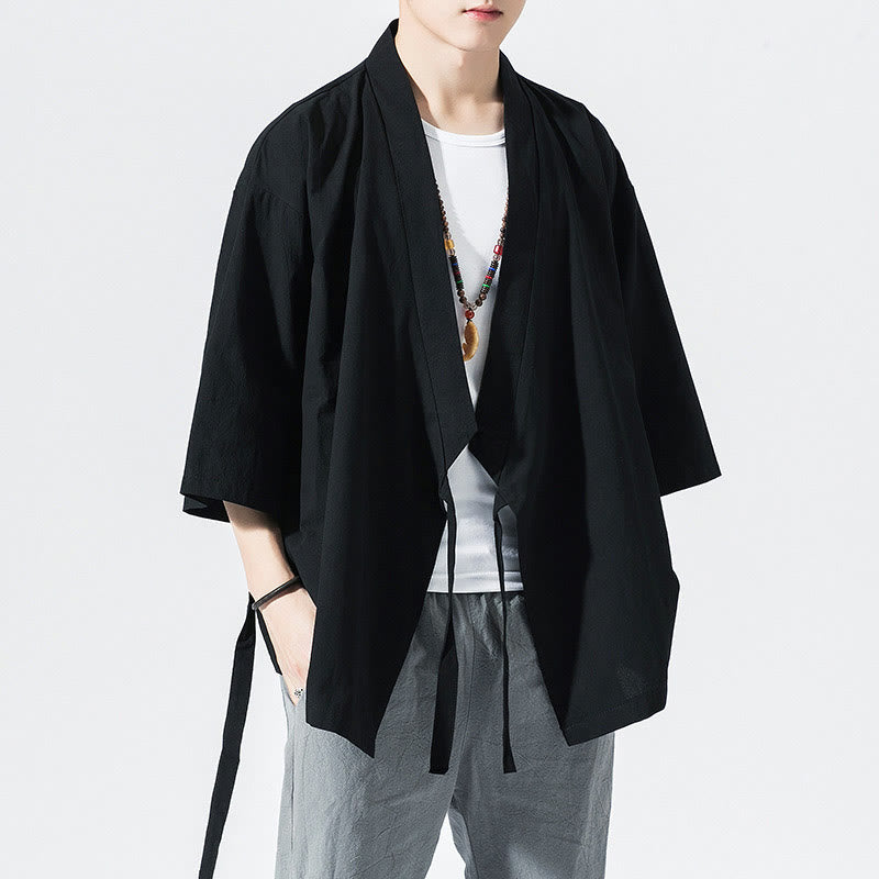 Tang Suit Open Front Jacket Cotton Linen Men's Three Quarter Sleeve Kimono