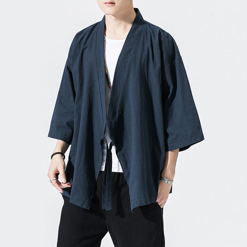 Tang Suit Open Front Jacket Cotton Linen Men's Three Quarter Sleeve Kimono
