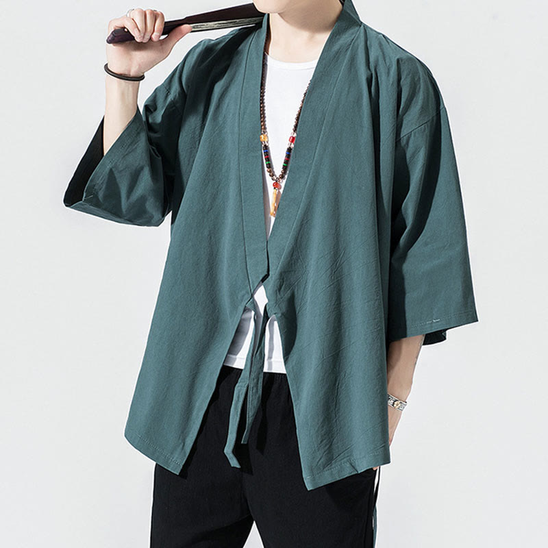 Tang Suit Open Front Jacket Cotton Linen Men's Three Quarter Sleeve Kimono