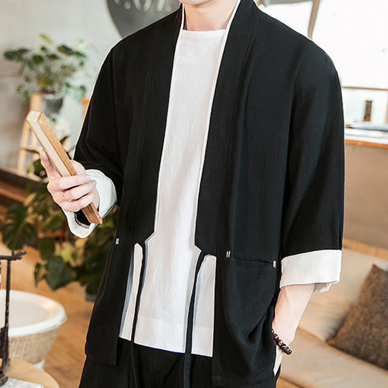 Lace-Up Design Jacket Cotton Linen Men's Three Quarter Sleeve Kimono With Pockets