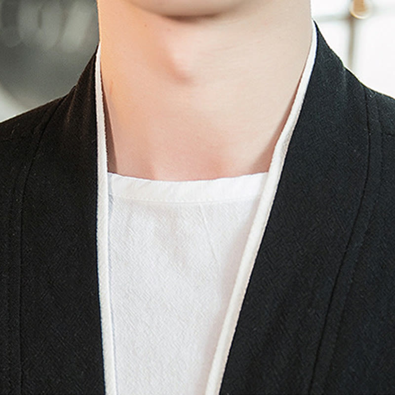 Lace-Up Design Jacket Cotton Linen Men's Three Quarter Sleeve Kimono With Pockets