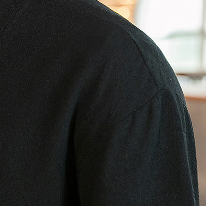 Lace-Up Design Jacket Cotton Linen Men's Three Quarter Sleeve Kimono With Pockets