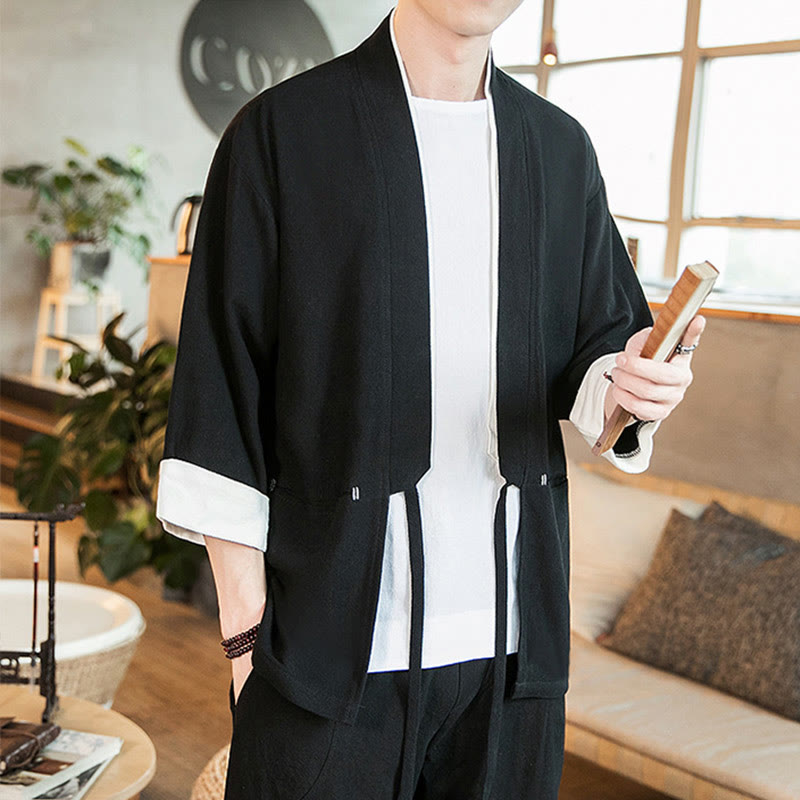 Lace-Up Design Jacket Cotton Linen Men's Three Quarter Sleeve Kimono With Pockets