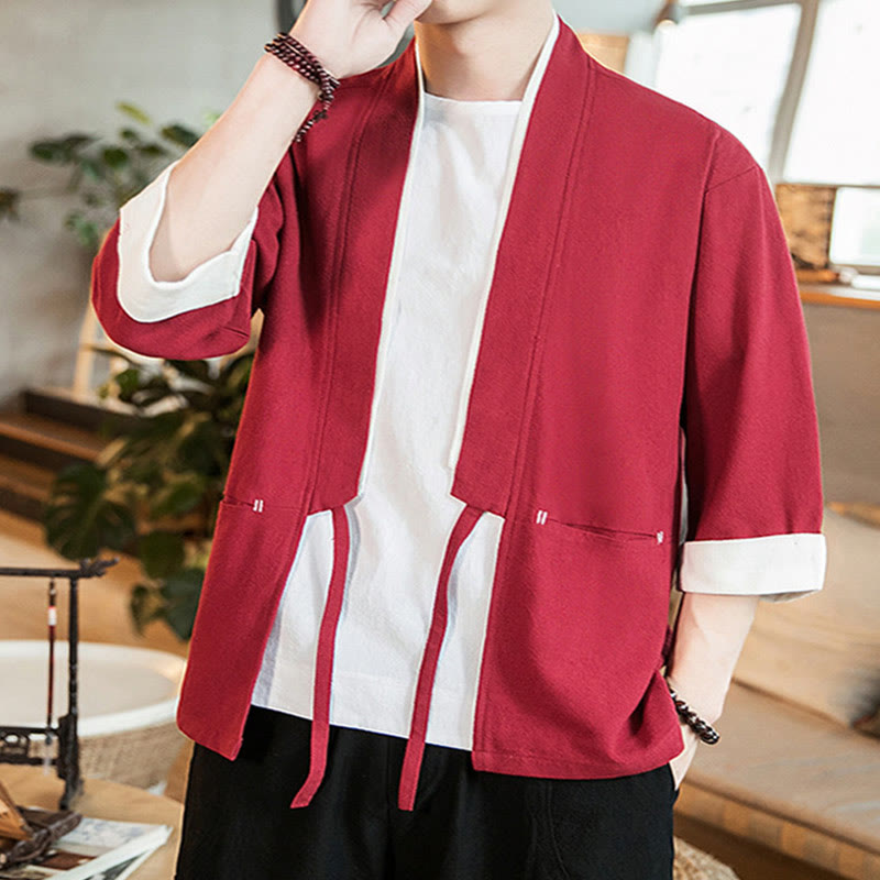 Lace-Up Design Jacket Cotton Linen Men's Three Quarter Sleeve Kimono With Pockets