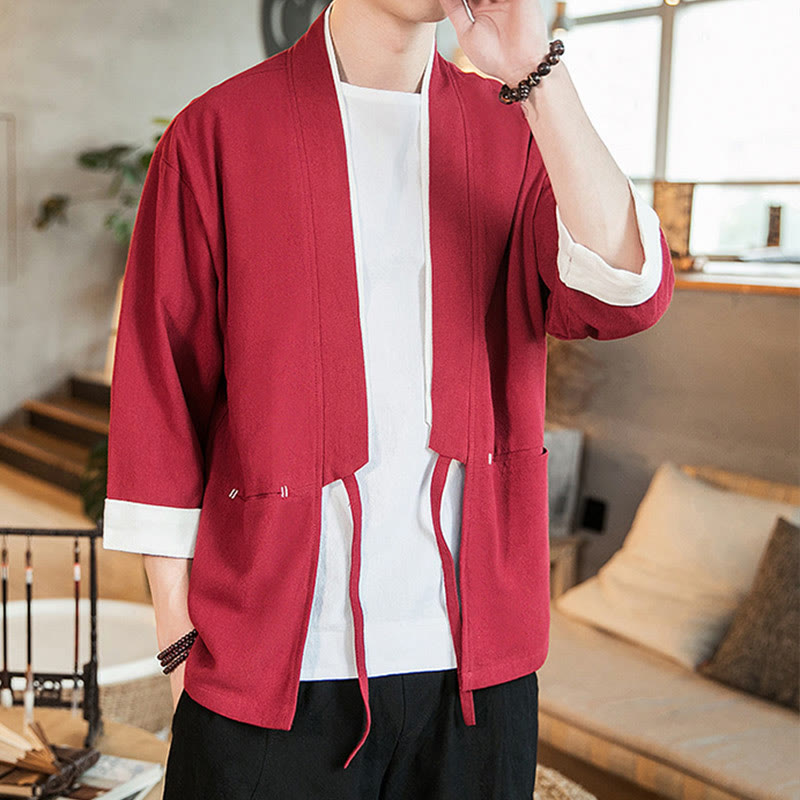Lace-Up Design Jacket Cotton Linen Men's Three Quarter Sleeve Kimono With Pockets