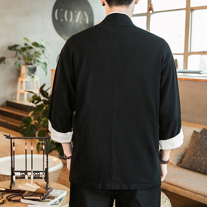 Lace-Up Design Jacket Cotton Linen Men's Three Quarter Sleeve Kimono With Pockets