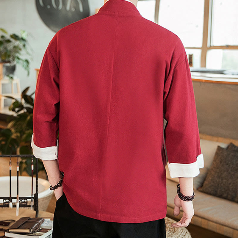 Lace-Up Design Jacket Cotton Linen Men's Three Quarter Sleeve Kimono With Pockets
