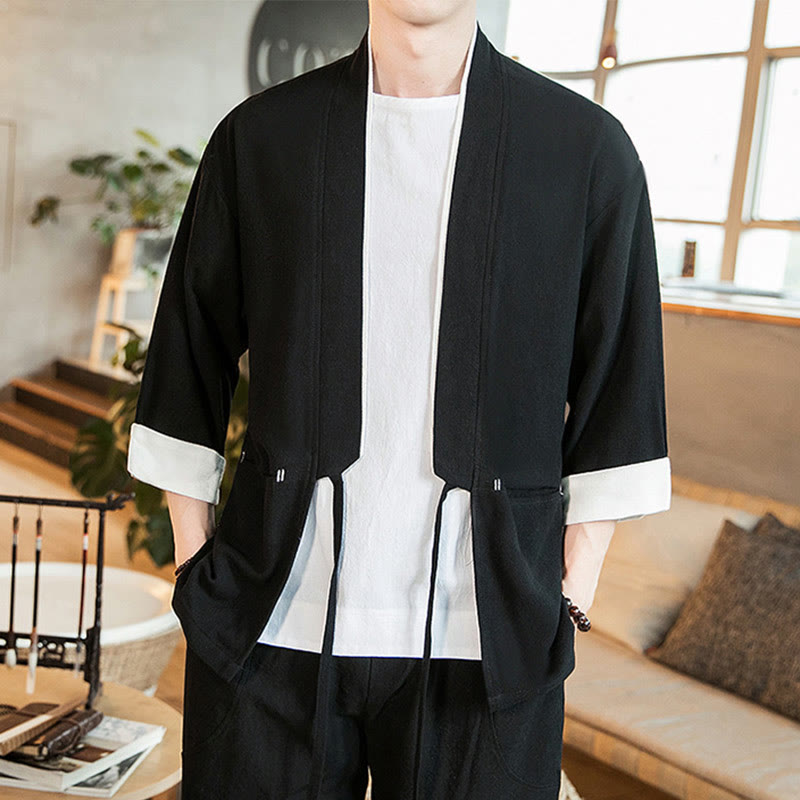 Lace-Up Design Jacket Cotton Linen Men's Three Quarter Sleeve Kimono With Pockets