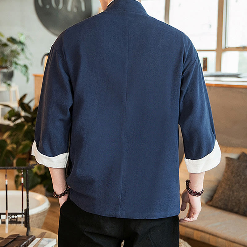 Lace-Up Design Jacket Cotton Linen Men's Three Quarter Sleeve Kimono With Pockets