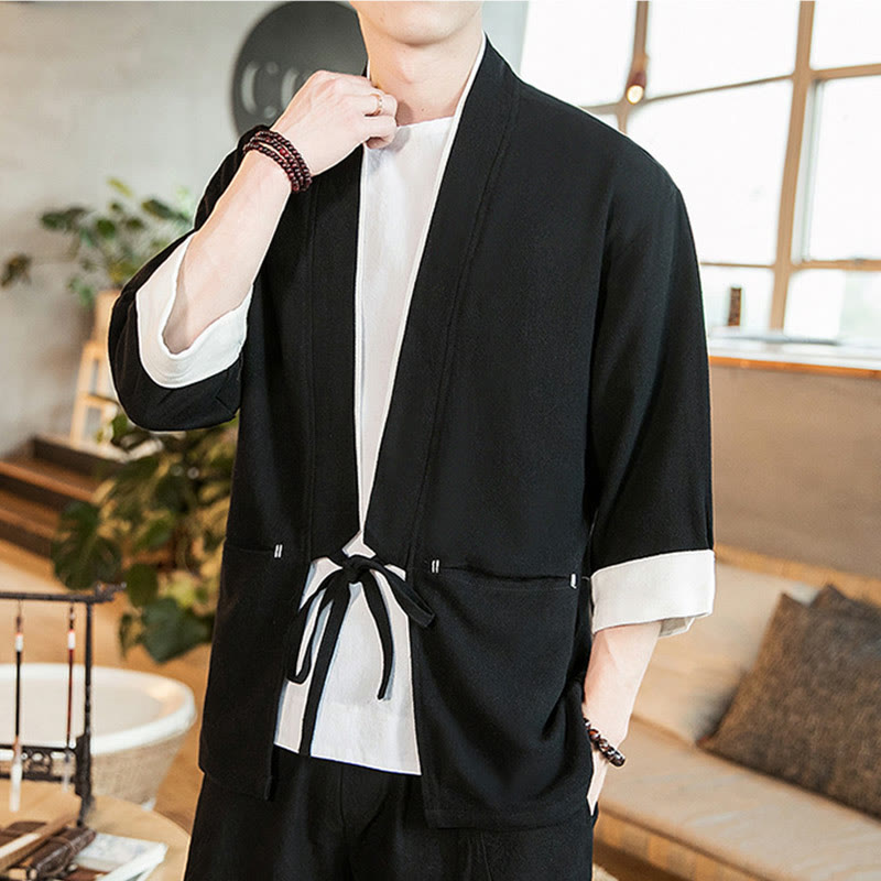 Lace-Up Design Jacket Cotton Linen Men's Three Quarter Sleeve Kimono With Pockets