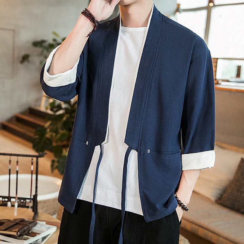 Lace-Up Design Jacket Cotton Linen Men's Three Quarter Sleeve Kimono With Pockets