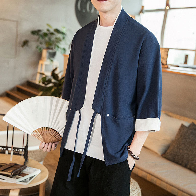 Lace-Up Design Jacket Cotton Linen Men's Three Quarter Sleeve Kimono With Pockets
