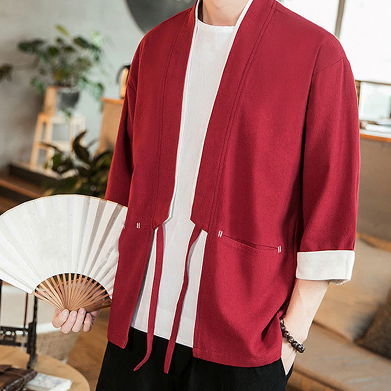 Lace-Up Design Jacket Cotton Linen Men's Three Quarter Sleeve Kimono With Pockets