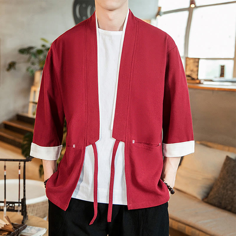 Lace-Up Design Jacket Cotton Linen Men's Three Quarter Sleeve Kimono With Pockets