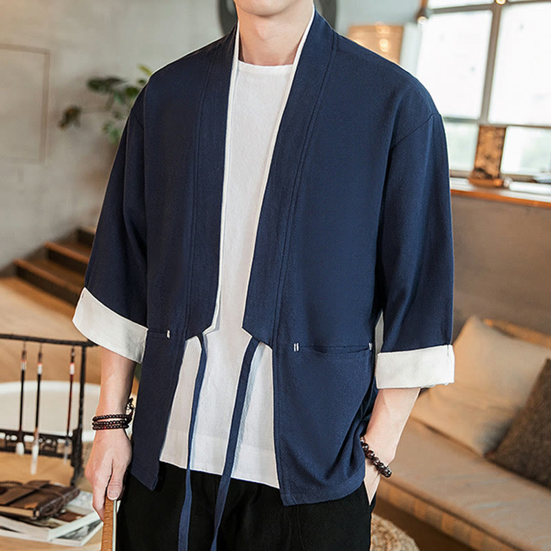 Lace-Up Design Jacket Cotton Linen Men's Three Quarter Sleeve Kimono With Pockets