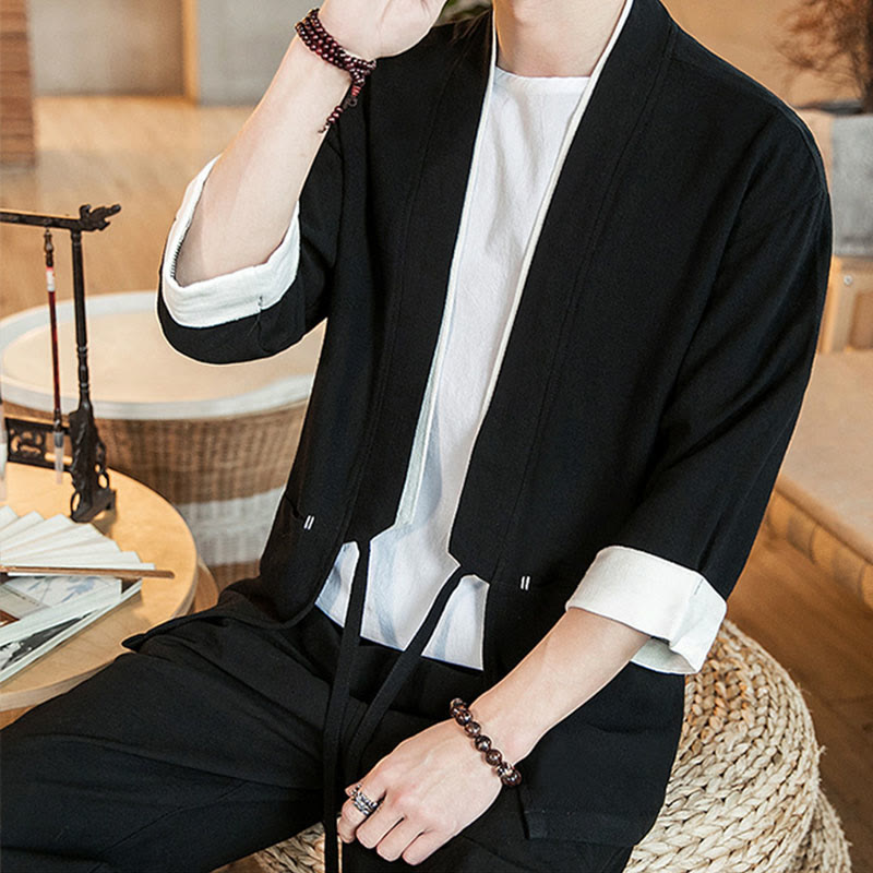 Lace-Up Design Jacket Cotton Linen Men's Three Quarter Sleeve Kimono With Pockets