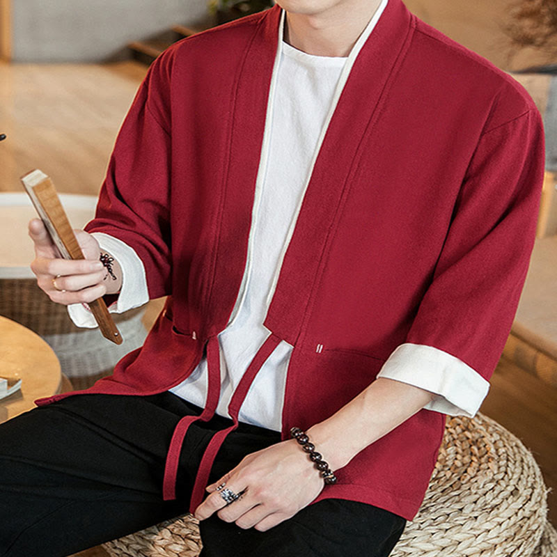 Lace-Up Design Jacket Cotton Linen Men's Three Quarter Sleeve Kimono With Pockets