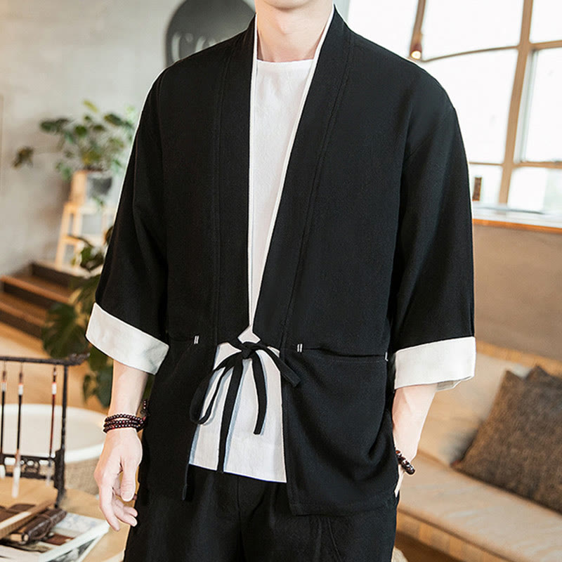 Lace-Up Design Jacket Cotton Linen Men's Three Quarter Sleeve Kimono With Pockets