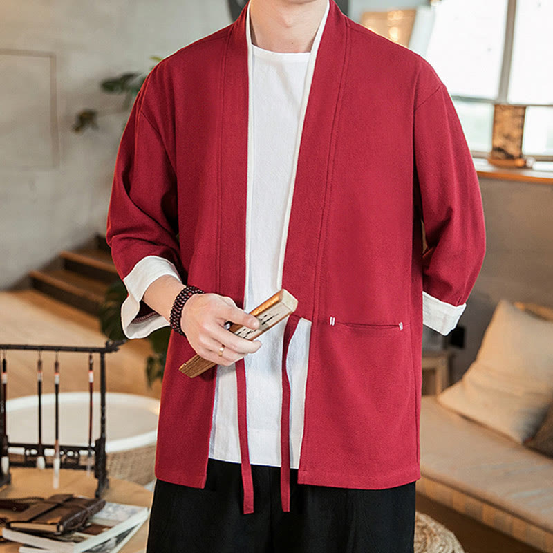 Lace-Up Design Jacket Cotton Linen Men's Three Quarter Sleeve Kimono With Pockets