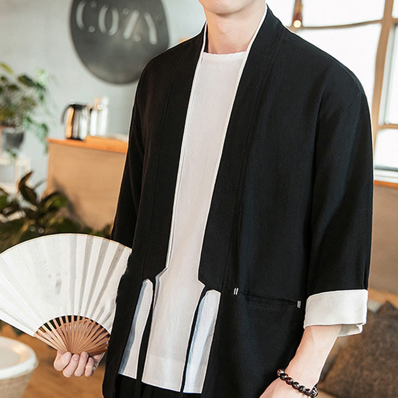 Lace-Up Design Jacket Cotton Linen Men's Three Quarter Sleeve Kimono With Pockets