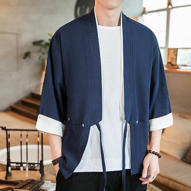 Lace-Up Design Jacket Cotton Linen Men's Three Quarter Sleeve Kimono With Pockets