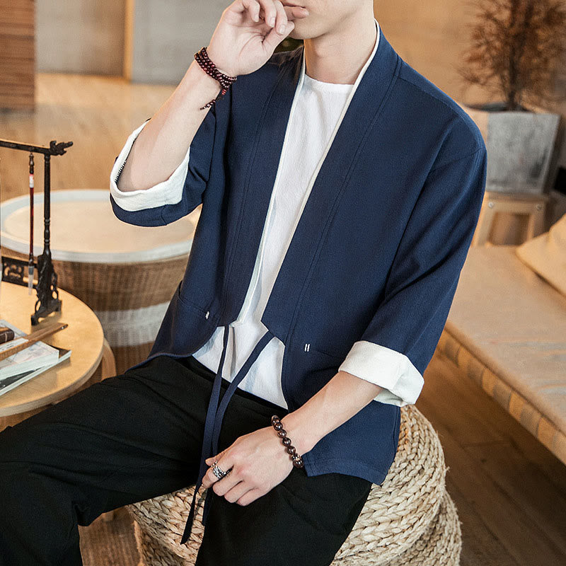 Lace-Up Design Jacket Cotton Linen Men's Three Quarter Sleeve Kimono With Pockets