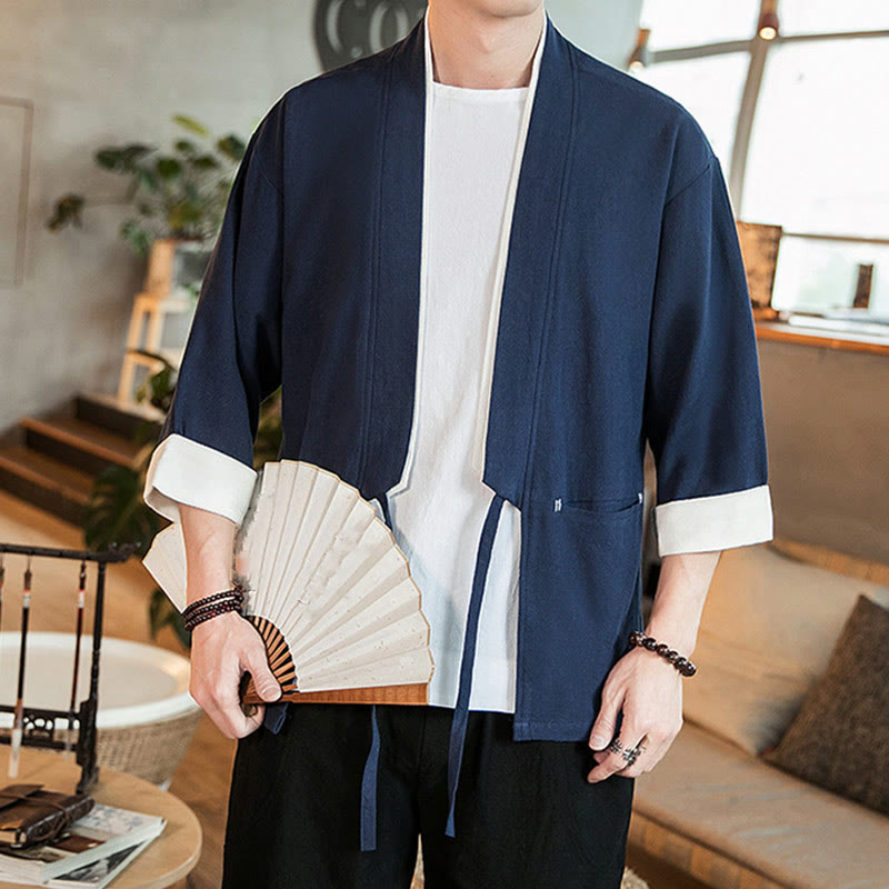 Lace-Up Design Jacket Cotton Linen Men's Three Quarter Sleeve Kimono With Pockets