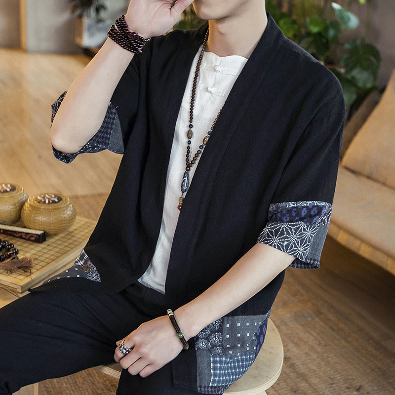 Ethnic Printing Patchwork Half Sleeve Open Front Jacket Cotton Linen Men's Kimono