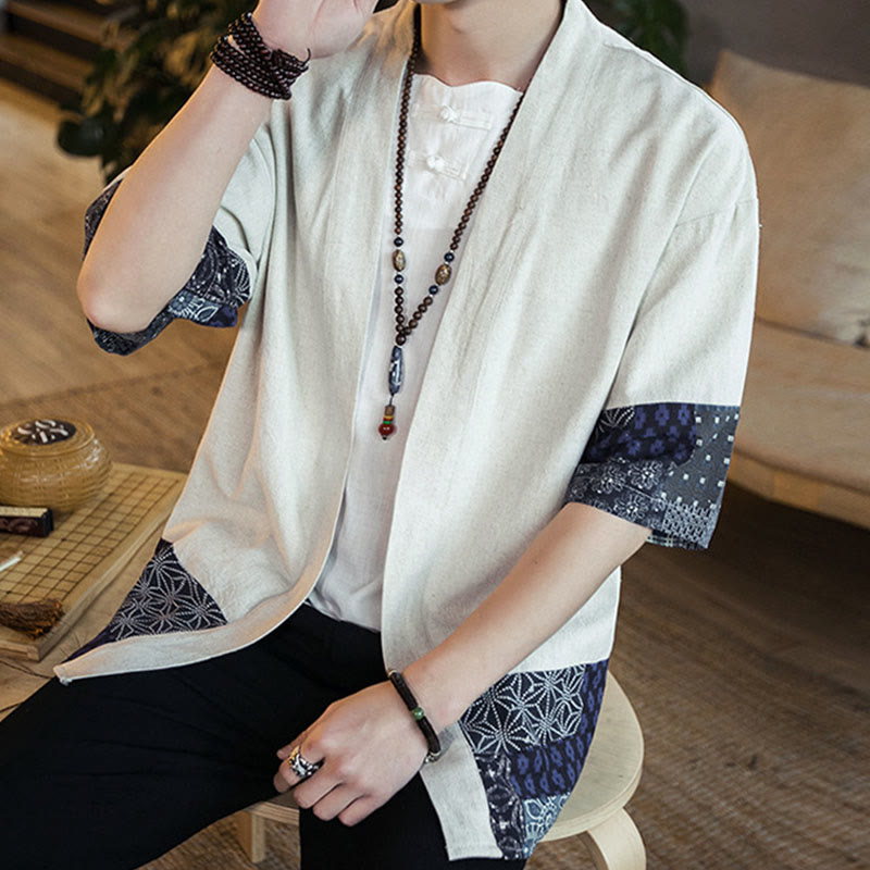 Ethnic Printing Patchwork Half Sleeve Open Front Jacket Cotton Linen Men's Kimono