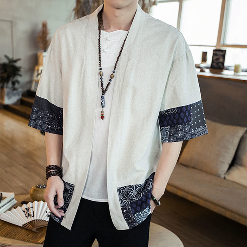 Ethnic Printing Patchwork Half Sleeve Open Front Jacket Cotton Linen Men's Kimono
