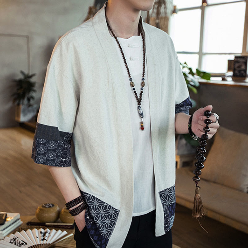 Ethnic Printing Patchwork Half Sleeve Open Front Jacket Cotton Linen Men's Kimono