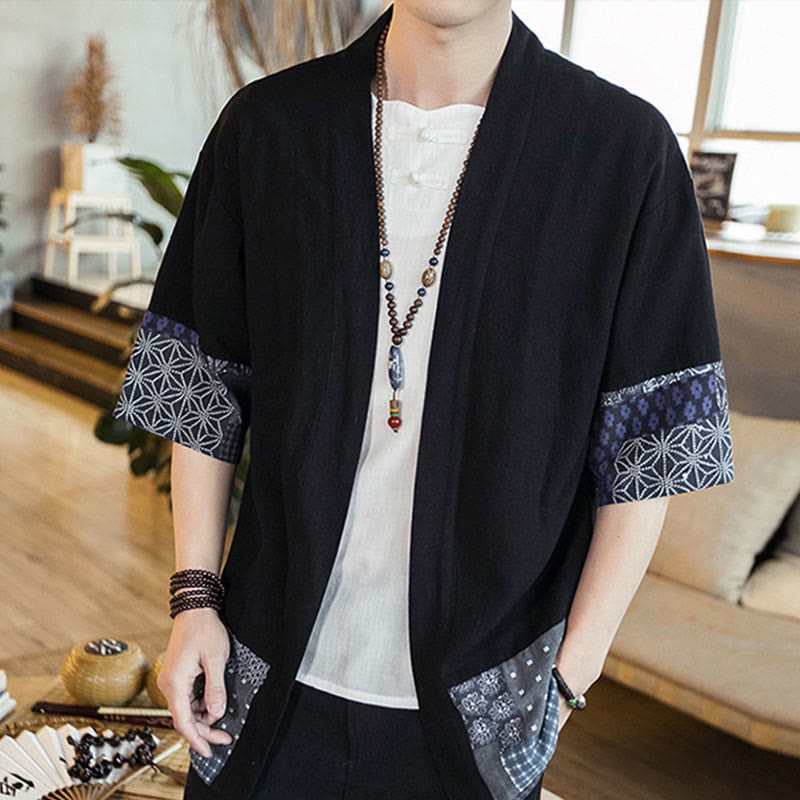Ethnic Printing Patchwork Half Sleeve Open Front Jacket Cotton Linen Men's Kimono
