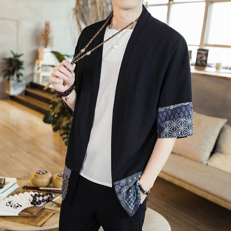 Ethnic Printing Patchwork Half Sleeve Open Front Jacket Cotton Linen Men's Kimono