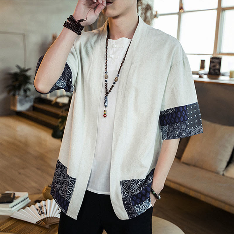 Ethnic Printing Patchwork Half Sleeve Open Front Jacket Cotton Linen Men's Kimono