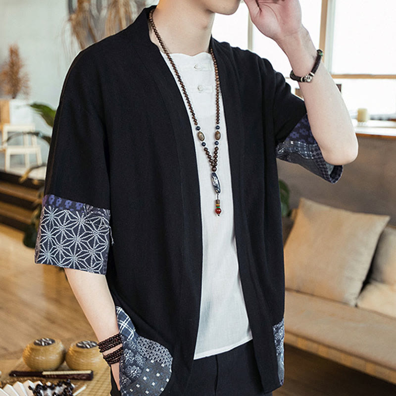 Ethnic Printing Patchwork Half Sleeve Open Front Jacket Cotton Linen Men's Kimono