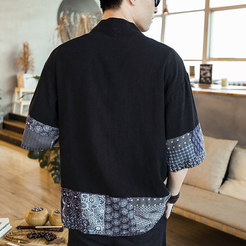 Ethnic Printing Patchwork Half Sleeve Open Front Jacket Cotton Linen Men's Kimono