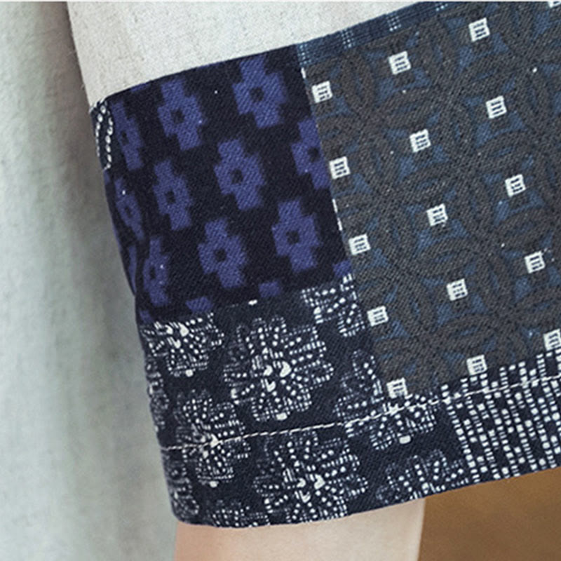 Ethnic Printing Patchwork Half Sleeve Open Front Jacket Cotton Linen Men's Kimono