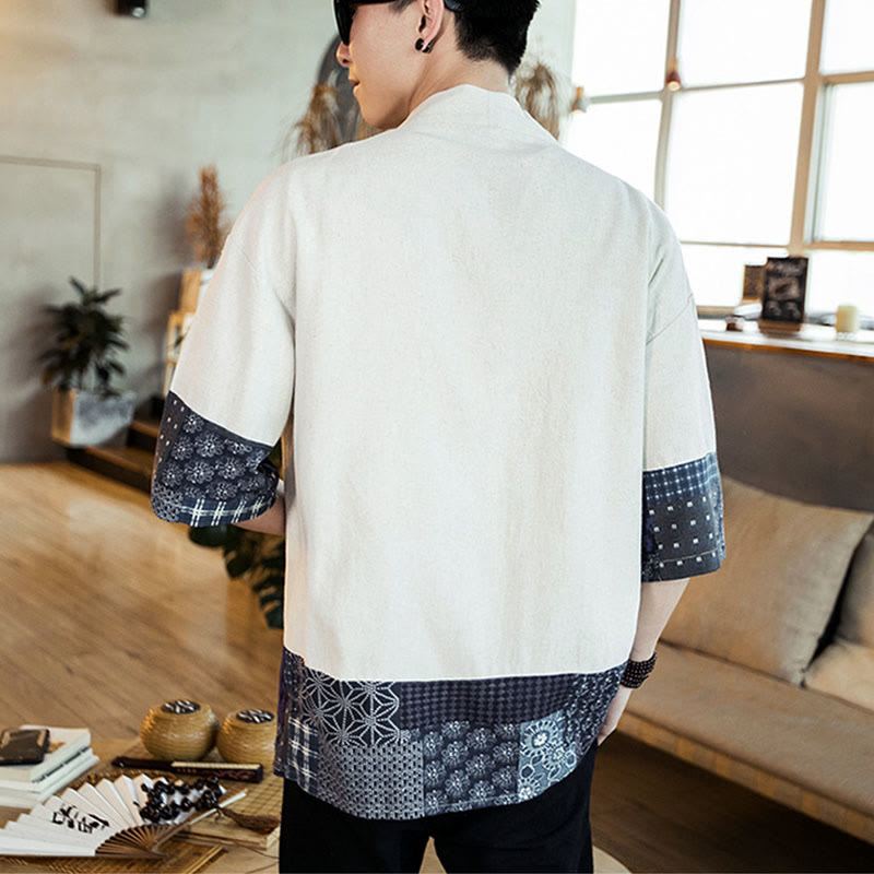 Ethnic Printing Patchwork Half Sleeve Open Front Jacket Cotton Linen Men's Kimono