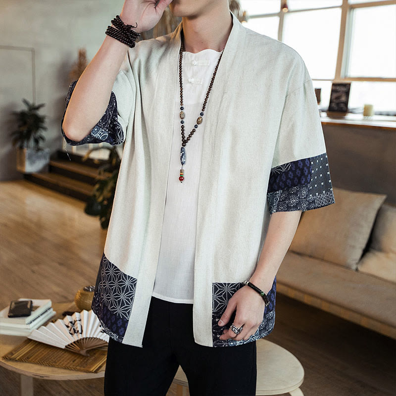 Ethnic Printing Patchwork Half Sleeve Open Front Jacket Cotton Linen Men's Kimono